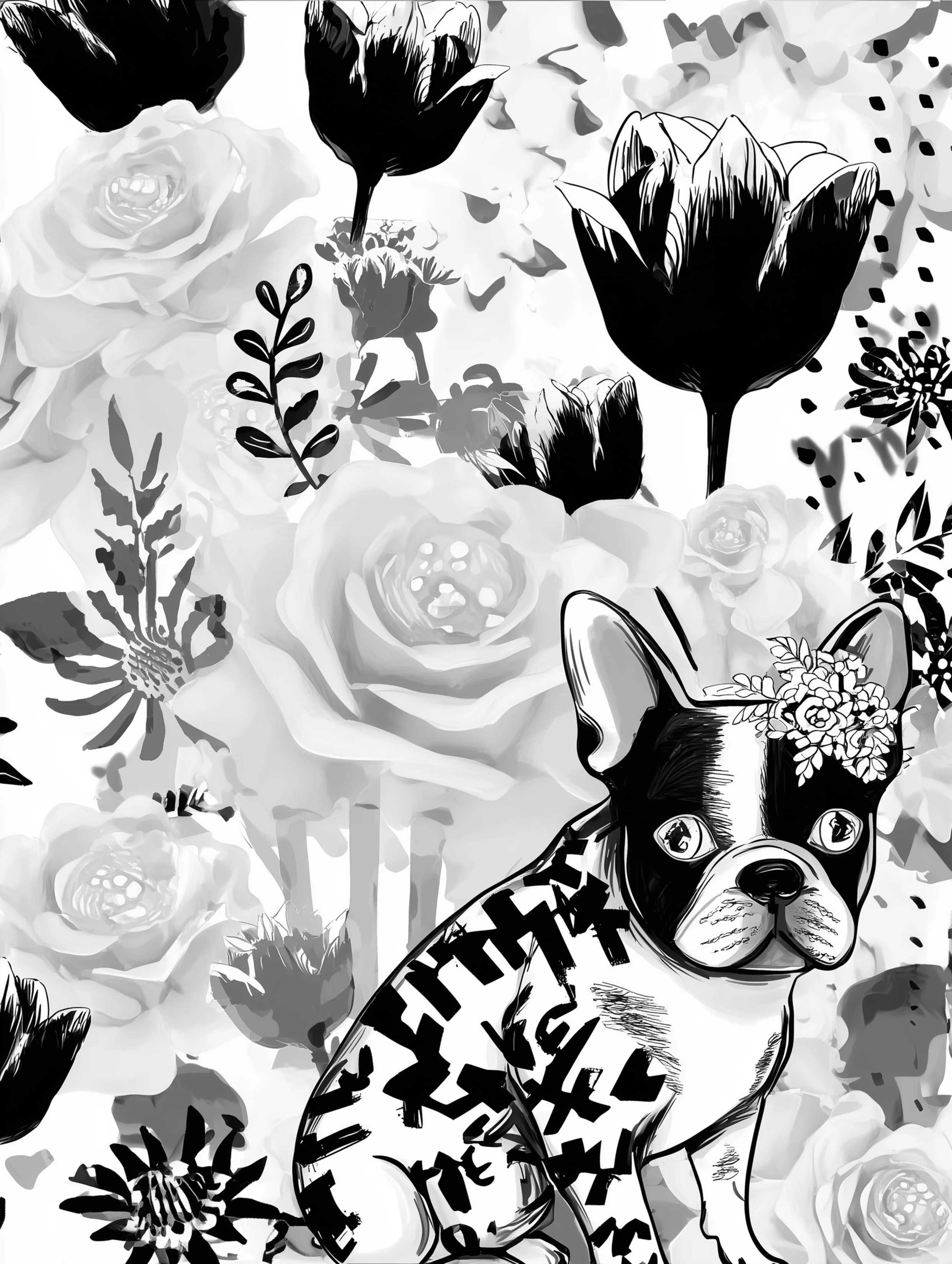 Free printable french bulldog coloring page featuring a shy french bulldog with flowers